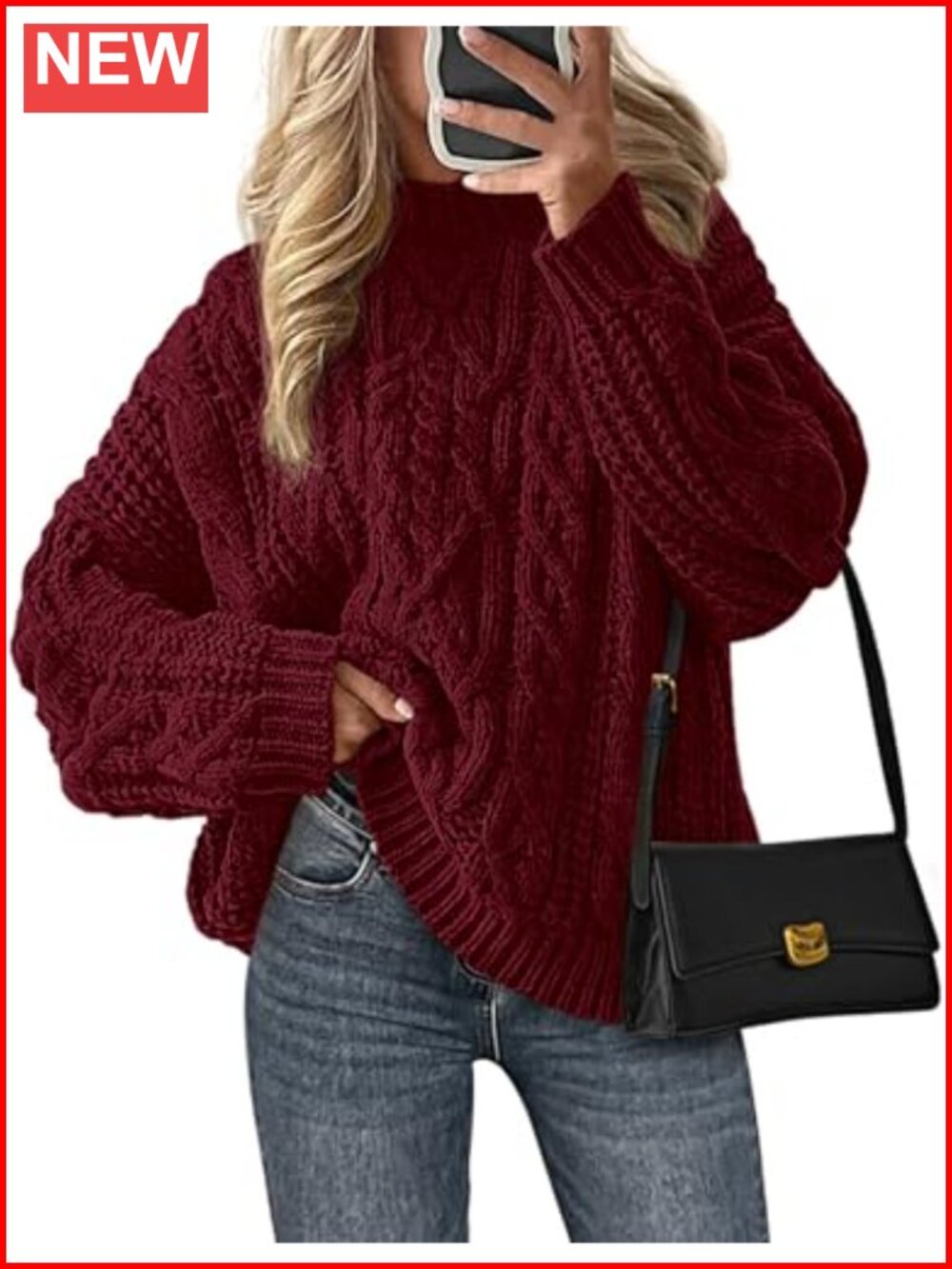 Womens Oversized Chunky Cable Knit Crew Neck Pullover Sweater